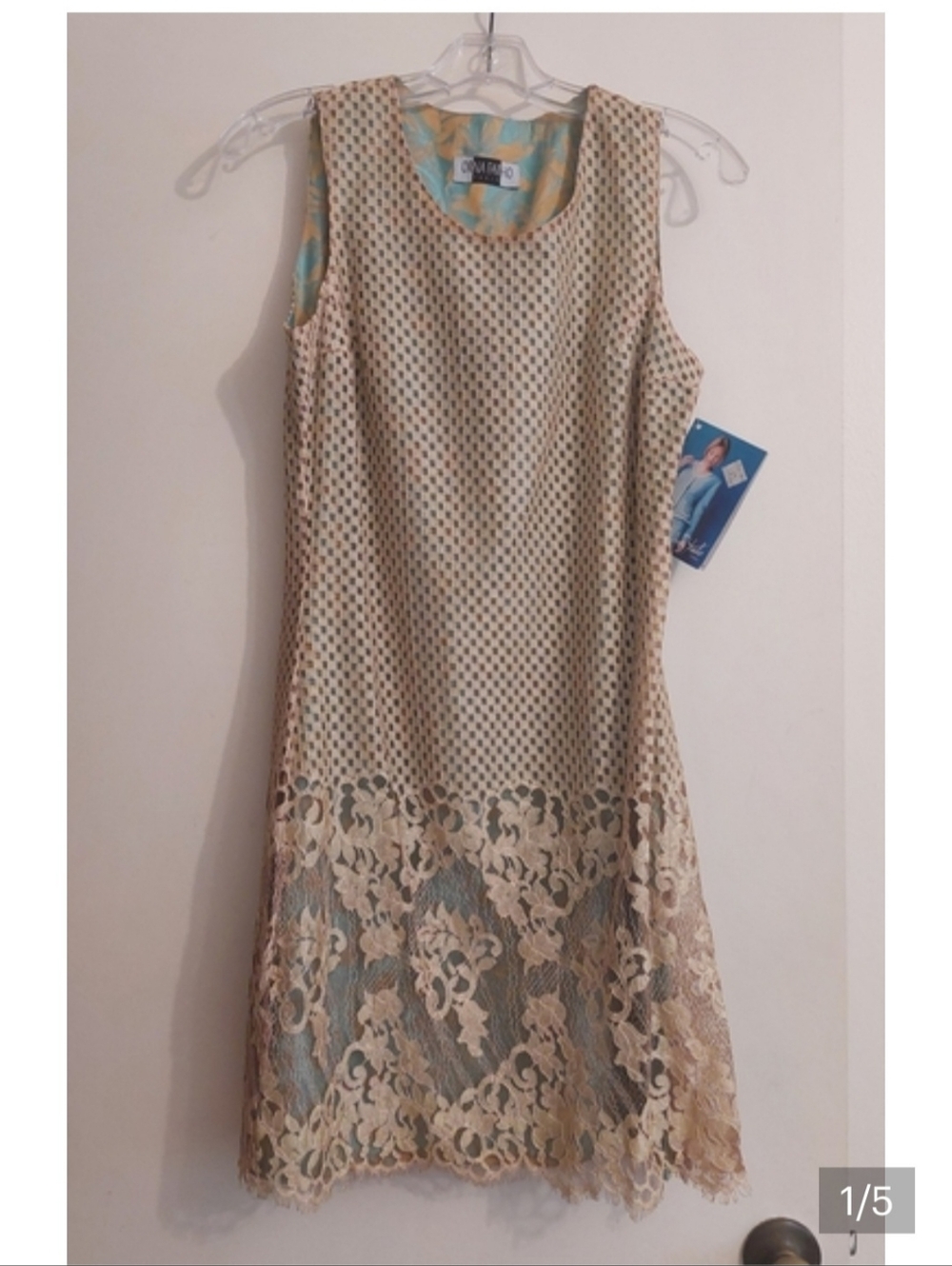 Sleeveless Mini Dress with Cream Lace Overlay and Blue Underlayer. Made in Paris